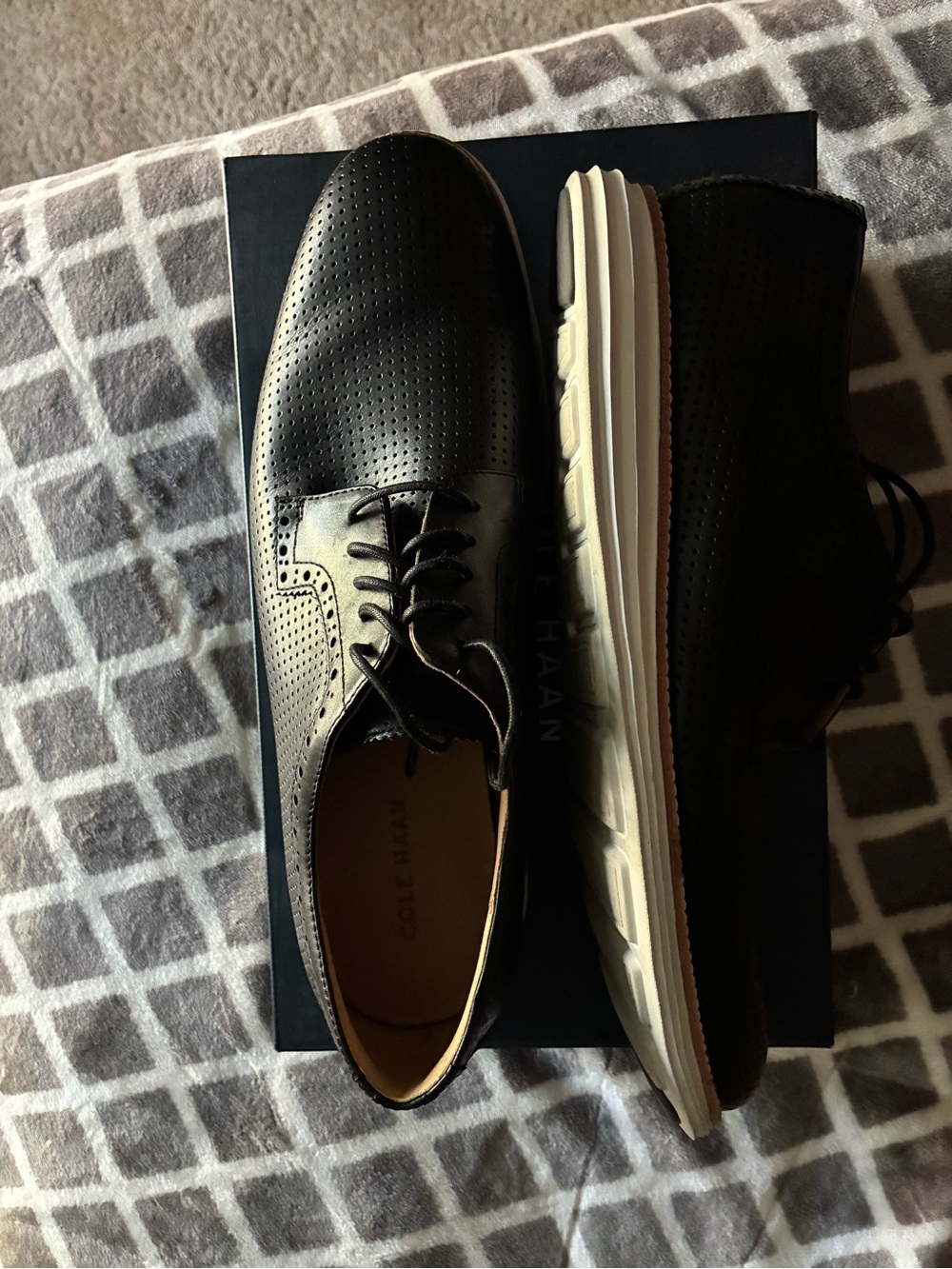 Cole Haan Black Perforated Leather Oxfords with White Sole - Picture 4 of 5